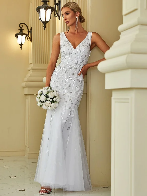 Paula tulle wedding dress with sequin leaf pattern in white