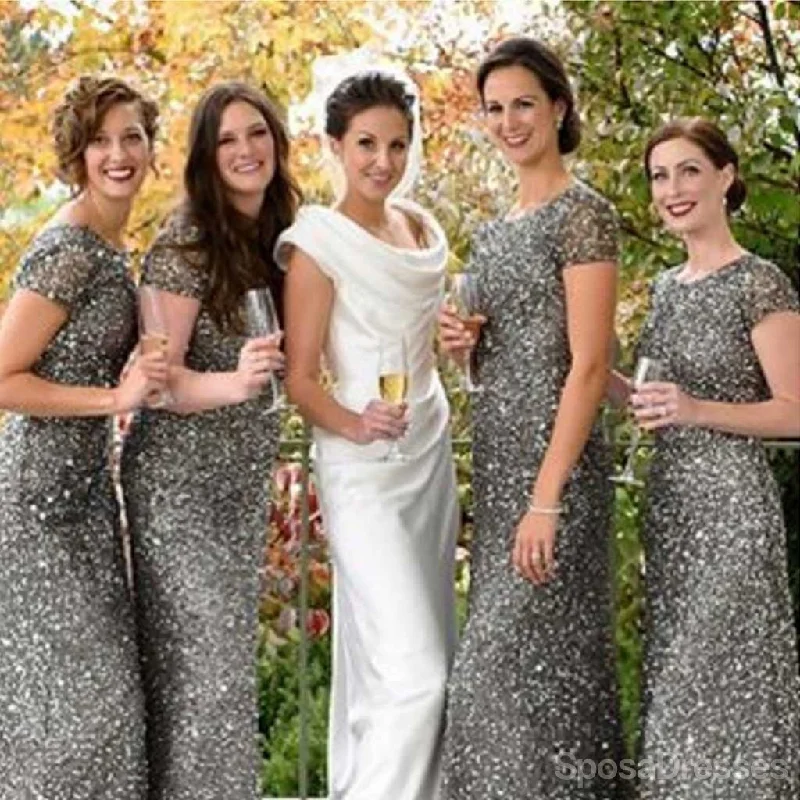 Popular Cheap Cap Sleeve Silver Sequin Sexy Mermaid Bridesmaid Dresses, WG90