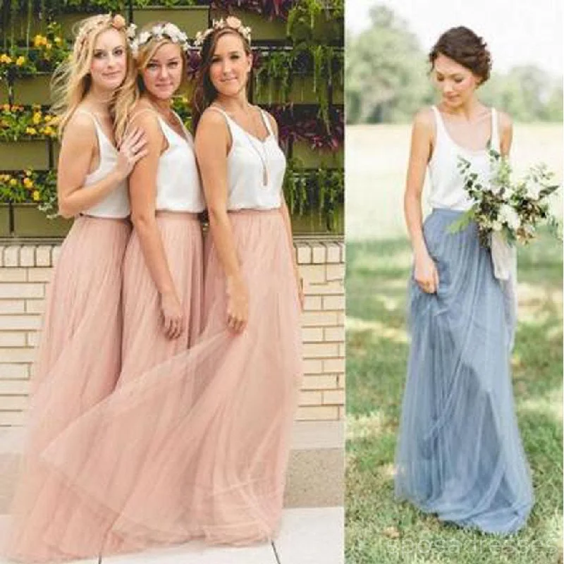 Popular Cheap Junior Off Shoulder Scoop Neck Tulle Long Bridesmaid Dresses, WG40