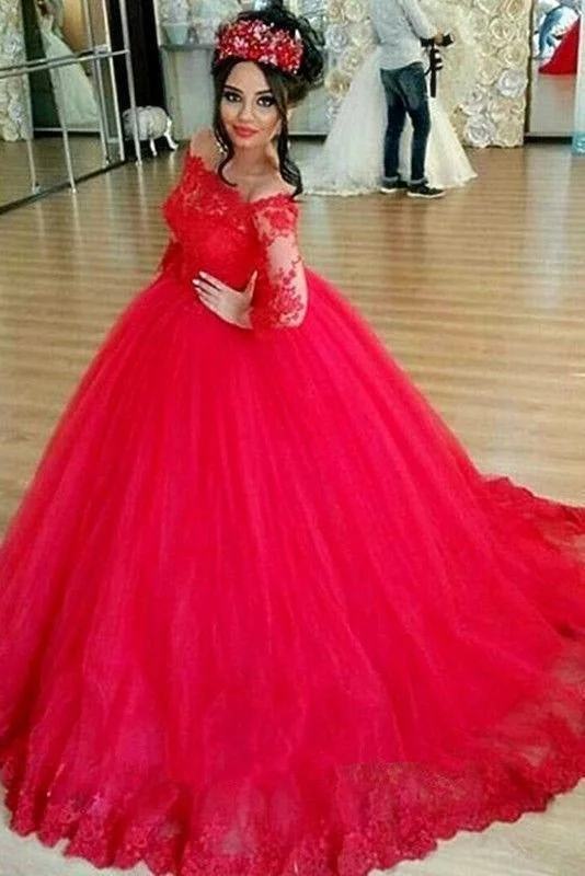 Red Long Sleeve Off-the-shoulder Lace Wedding Dress Ball Gown Quinceanera Dresses