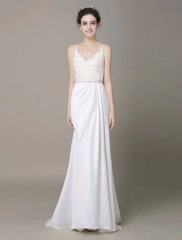 Satin Sheath Wedding Dress Plunging Neckline Bow Back Belt Lace Beading Evening Dress Milanoo