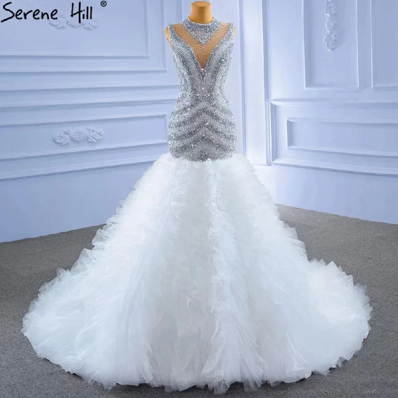 Serene Hill Grey White Mermaid Wedding Dresses 2024 Luxury Beaded Ruffles Elegant Bride Gowns HM67295 Custom Made