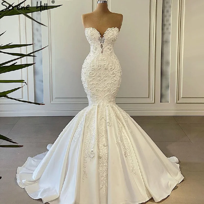 Serene Hill Ivory Mermaid Elegant Wedding Dresses Gowns 2024 Satin Beaded Pearls High-end Bridal Dress HA2508