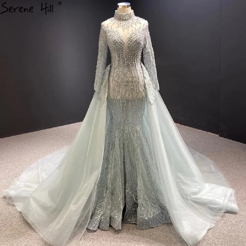 Serene Hill Luxury Grey With Detachable Train Mermaid Pearls Bridal Wedding Dresses Gowns 2024 HM67140 Custom Made