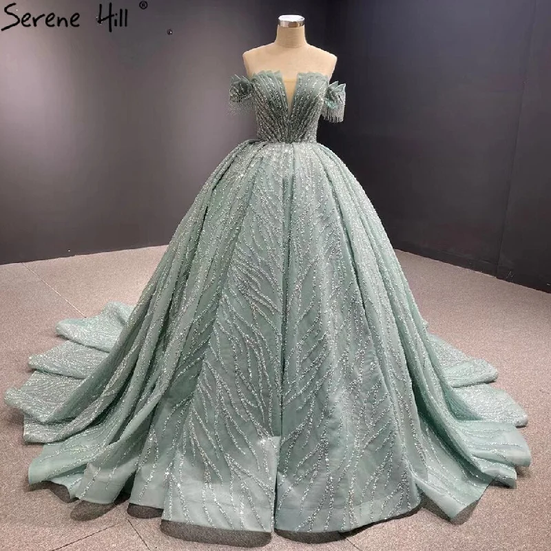 Serene Hill Mint Luxury Beaded Tassel Wedding Dresses 2024 High-end Lace Up Bridal Dress HM67411 Custom Made