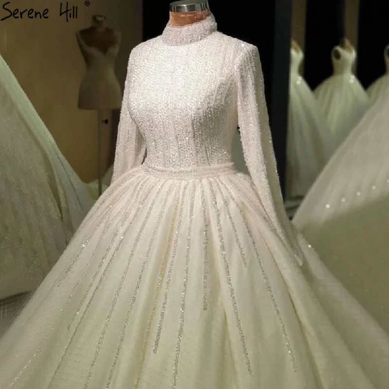 Serene Hill Muslim Ivory Long Sleeves Wedding Dresses 2024 Luxury High-end Beading Bride Gowns HA2467 Custom Made