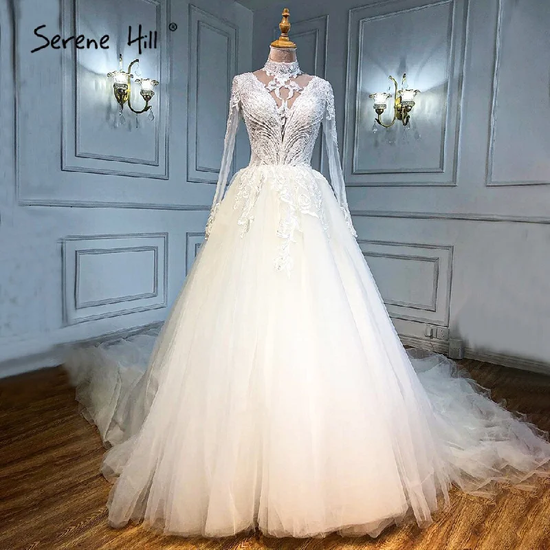 Serene Hill Muslim Ivory Luxury Wedding Dresses 2024 A-Line Beaded Luxury Bride Dress HA2499 Custom Made