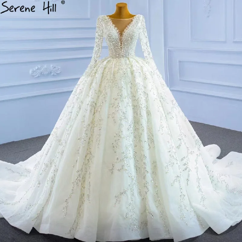 Serene Hill Muslim Ivory Luxury Wedding Dresses 2024 Beading Pearls Ball Gown Bridal Dress HM67260 Custom Made