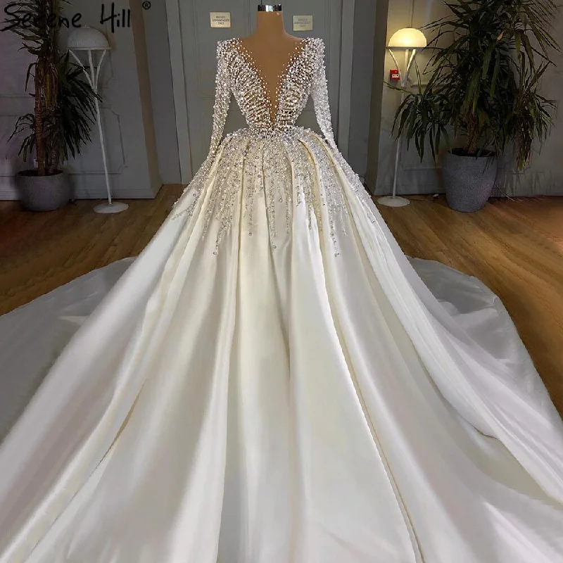 Serene Hill Muslim Ivory Satin Luxury Wedding Dresses Gowns 2024 Beading Pearls Sexy Bride Dress HM67210 Custom Made