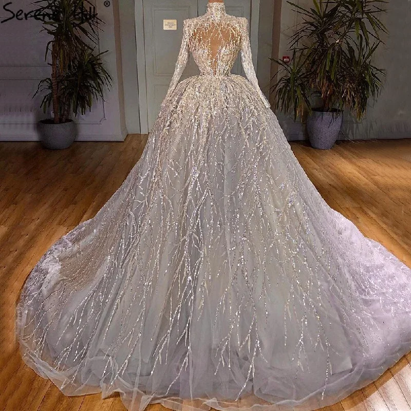 Serene Hill Muslim Luxury Ivory Wedding Dresses Gowns 2024 Crystal Beading Sexy Bride Dress HM67226 Custom Made