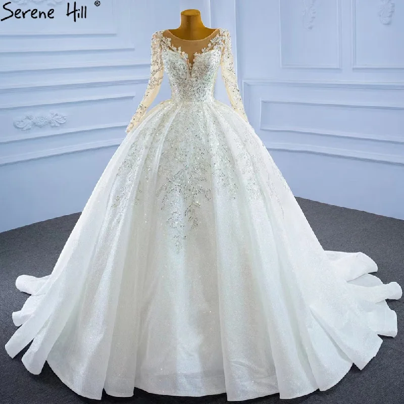 Serene Hill Muslim Luxury Wedding Dresses 2024 Beading Pearls Sexy With Train Bridal Dress HM67257 Custom Made