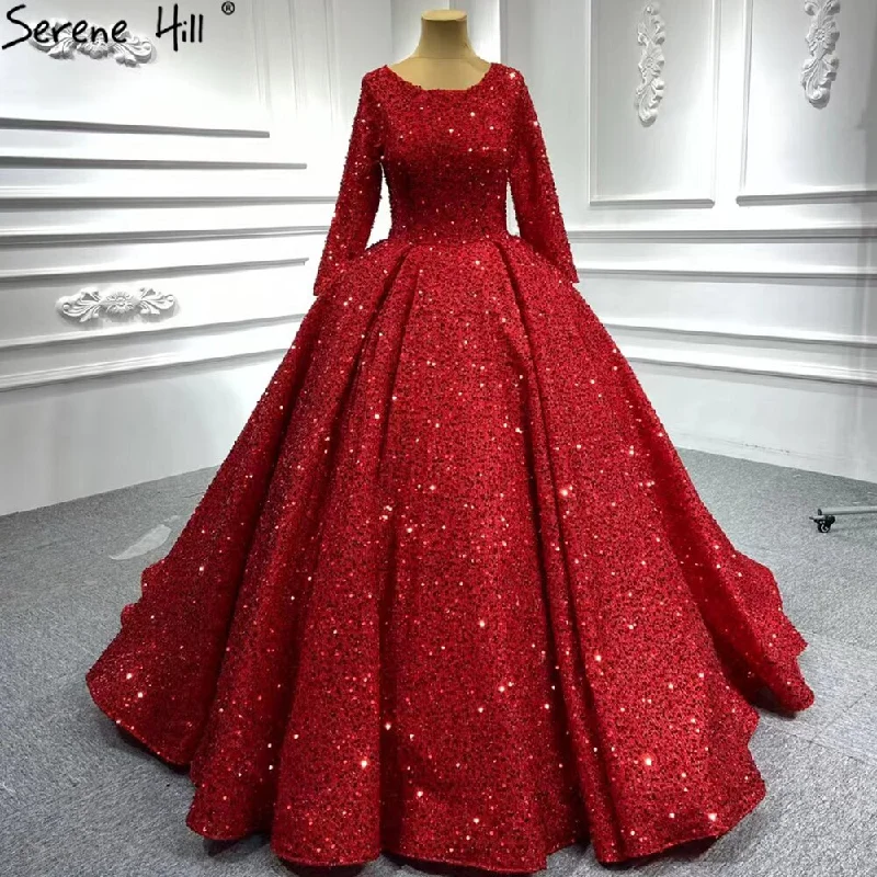 Serene Hill Muslim Red Luxury Wedding Dresses 2024 Sparkle Beaded Long Sleeves Bridal Gowns HA2513 Custom Made