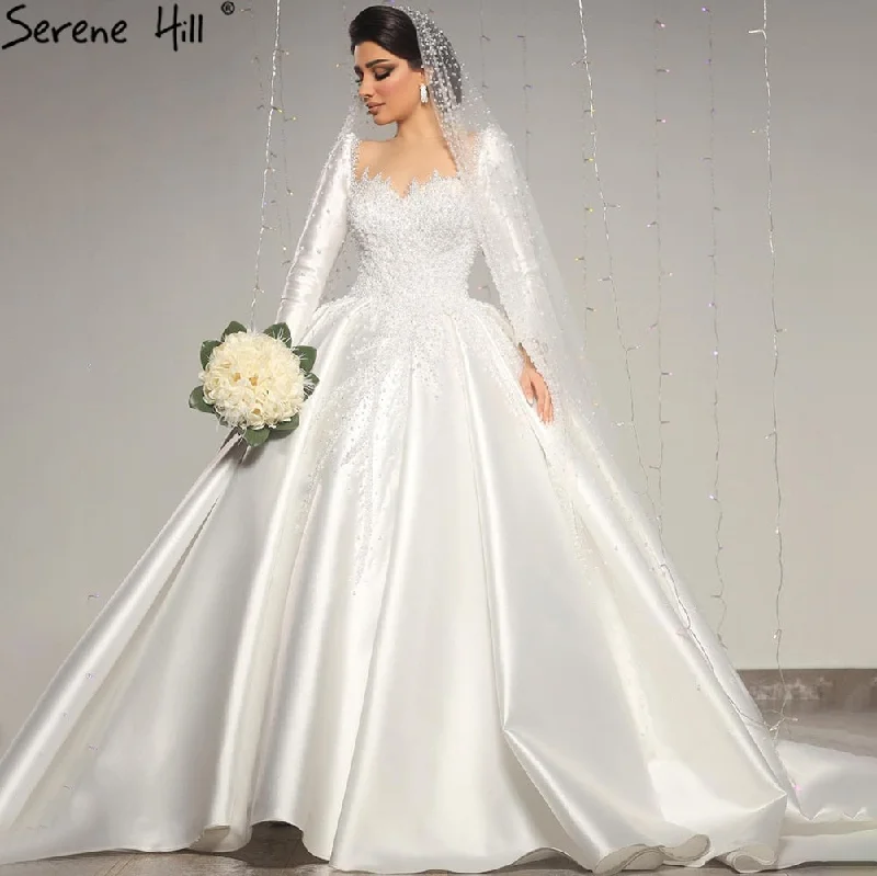 Serene Hill Muslim Satin White Luxury Wedding Dresses 2024 Beading Pearls Ball Gown Bridal Dress HM67259 Custom Made