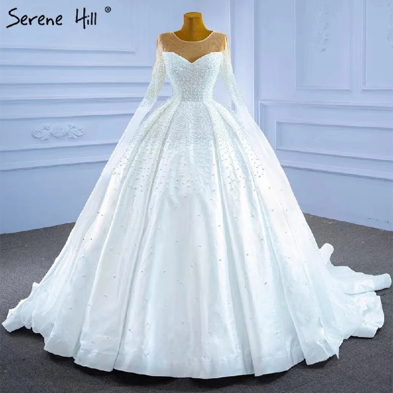 Serene Hill Muslim White Satin Wedding Dresses 2024 Beaded Pearl High-end Bride Gowns HM67279 Custom Made