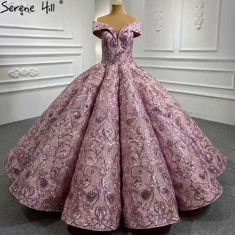 Serene Hill Pink Luxury Wedding Dresses Gowns 2024 Embroidery Lace Up Bridal Dresses HM66590 Custom Made