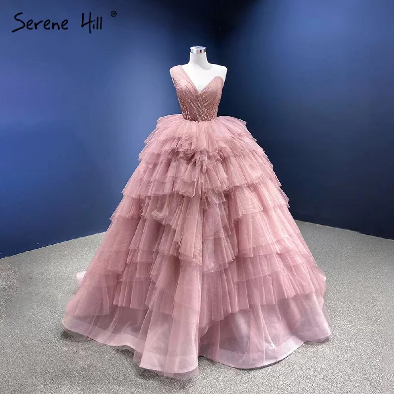 Serene Hill Pink One Shoulder Wedding Dresses 2024 Ruffles Beaded Sexy Bridal Gowns HM66934D Custom Made