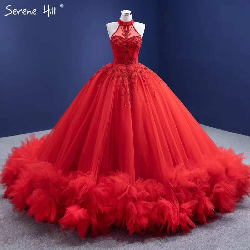 Serene Hill Red Ruffles Beaded Luxury Wedding Dresses 2024 Sleeveless Lace Up Sexy Bride Gowns HM67324 Custom Made