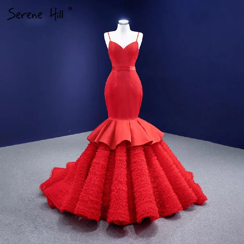 Serene Hill Red Ruffles Mermaid Wedding Dresses 2024 Spaghetti Strap Elegant Sexy Bride Gowns HM67311 Custom Made