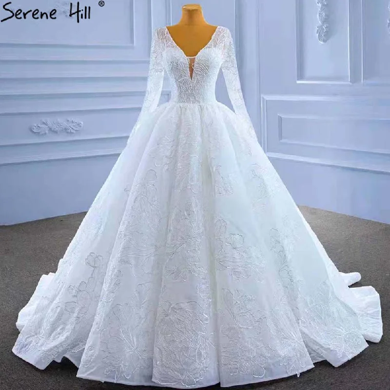 Serene Hill White Beaded Lace Wedding Dresses 2024 V-neck Lace Up Sexy Bride Gowns HM67364 Custom Made