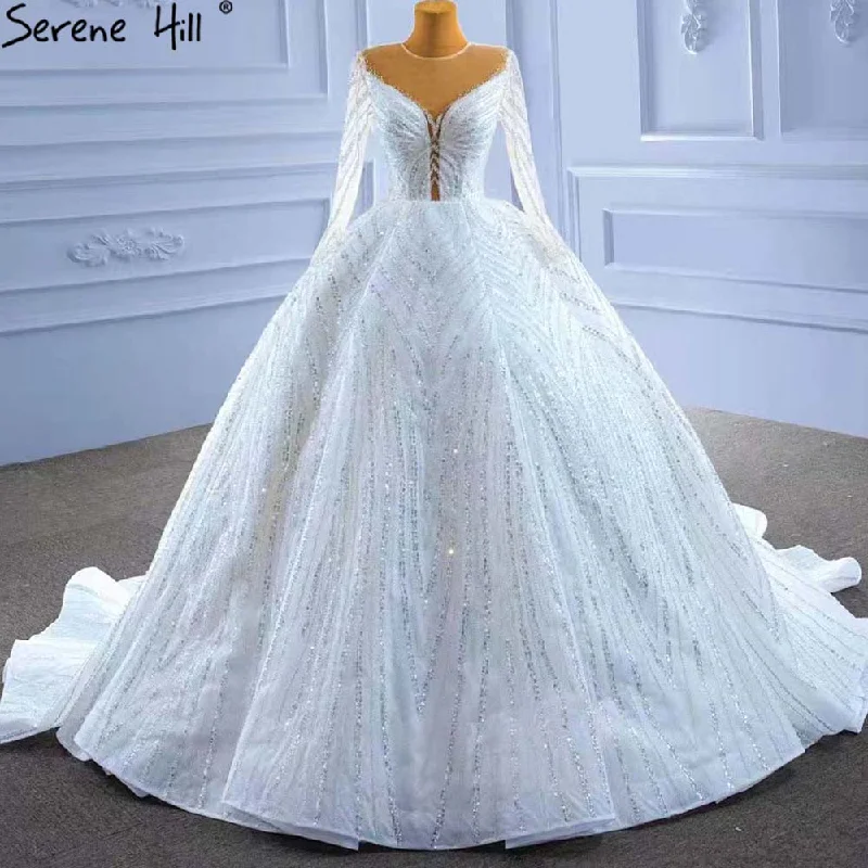 Serene Hill White Beaded Luxury Wedding Dresses 2024 Long Sleeves Lace Up Bride Gowns HM67382 Custom Made