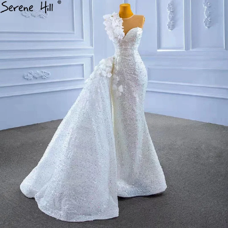 Serene Hill White Detachable Train Wedding Dresses Gowns 2024 Mermaid Luxury Beaded Pearls Elegant Bridal Dress HM67409