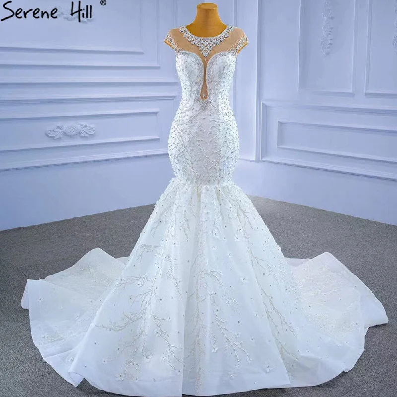 Serene Hill White Luxury Elegant Mermaid Wedding Dresses 2024 Beaded Diamond Cap Sleeves Bride Gowns HM67296 Custom Made