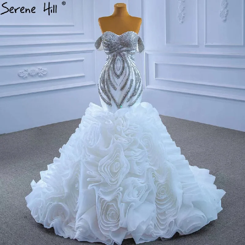 Serene Hill White Luxury Ruffles Beaded Wedding Dresses 2024 Mermaid Elegant High-end Bride Gowns HM67365 Custom Made