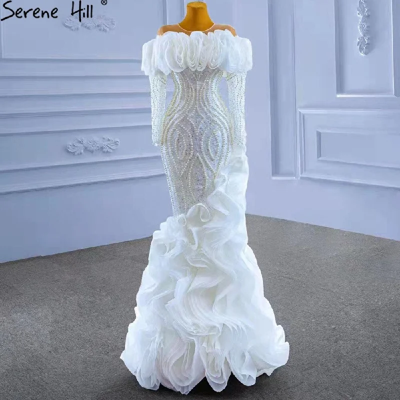 Serene Hill White Luxury Ruffles Wedding Dresses Gowns 2024 Mermaid Beaded Pearls Elegant Bridal Dress HM67418