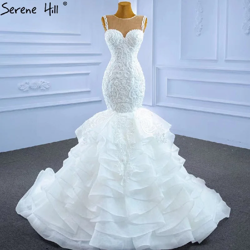 Serene Hill White Mermaid Luxury Wedding Dresses 2024 Beaded Tiered Sexy Elegant Bride Gowns HM62755 Custom Made