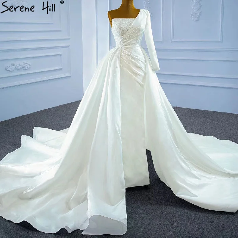 Serene Hill White Mermaid Satin Wedding Dresses 2024 Beaded Pearls Overskirt Sexy Bridal Dress HM67244 Custom Made