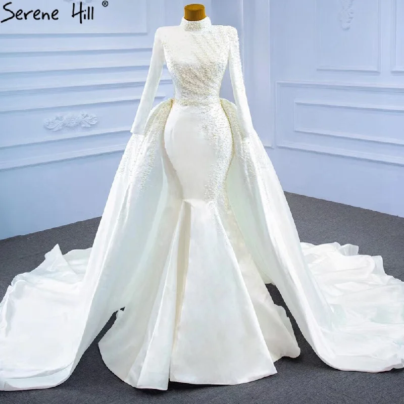 Serene Hill White Muslim Detachable Train Wedding Dresses 2024 Mermaid Elegant Beading Satin Bridal Dress HM67248 Custom Made