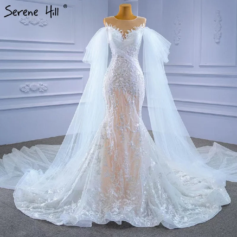 Serene Hill White Nude Mermaid Wedding Dresses 2024 Beaded Lace Elegant Cape Sleeves Bride Gowns HM67294 Custom Made