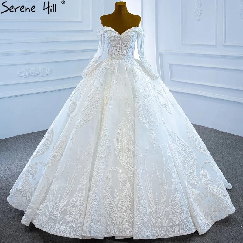 Serene Hill White Off Shoulder Sexy Wedding Dresses Gowns Luxury Beading Pearls Lace Up Bridal Dress 2024 HM67206 Custom Made