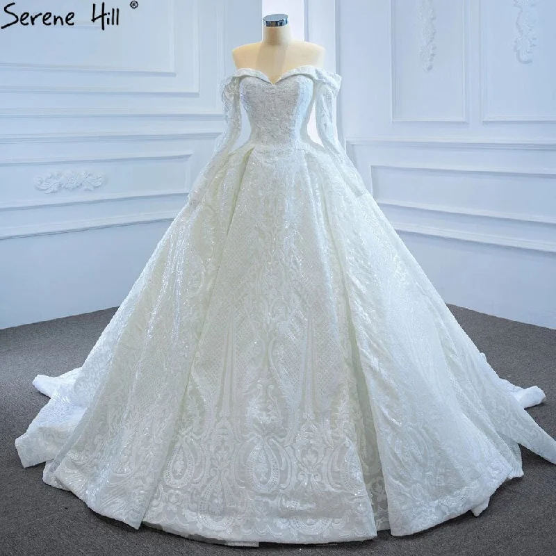 Serene Hill White Off Shoulder Sparkle Wedding Dresses Gowns Luxury Long Sleeves Lace Up Bridal Dress 2024 HM67222