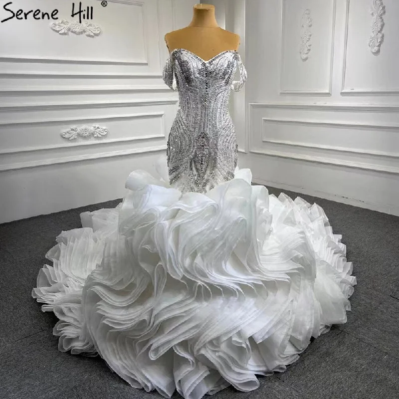 Serene Hill White Ruffles Beaded Wedding Dresses 2024 Mermaid Luxury Elegant Bride Gowns HM67283 Custom Made