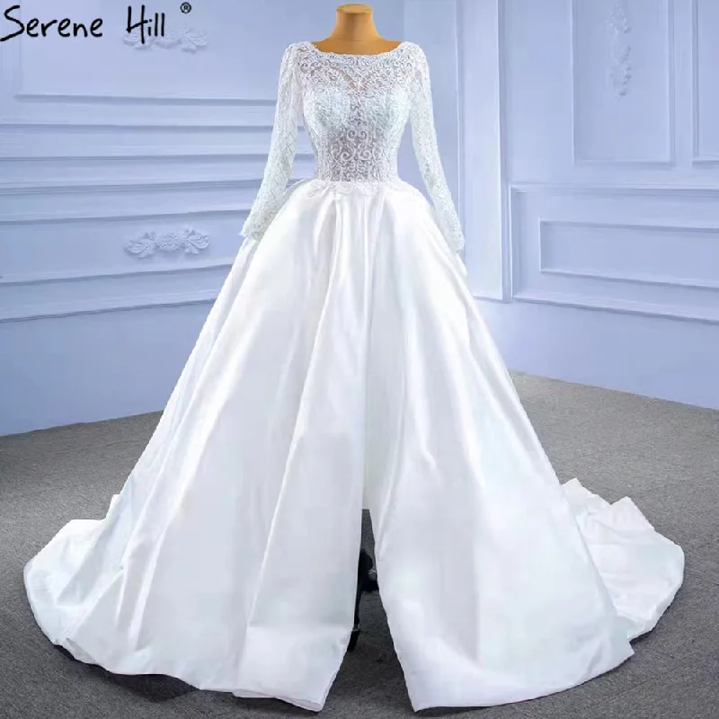 Serene Hill White Satin High Split Wedding Dresses 2024 A-Line Lace Beaded Bride Gowns HM67292 Custom Made