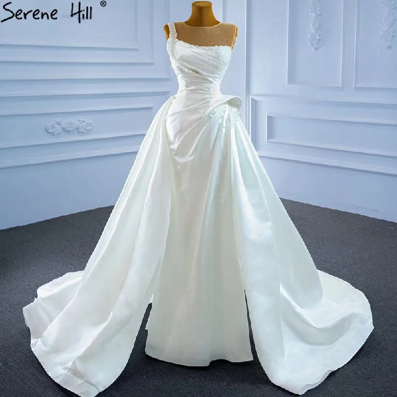 Serene Hill White Satin High Split Wedding Dresses 2024 Beading Pearls Sexy With Train Bridal Dress HM67252 Custom Made