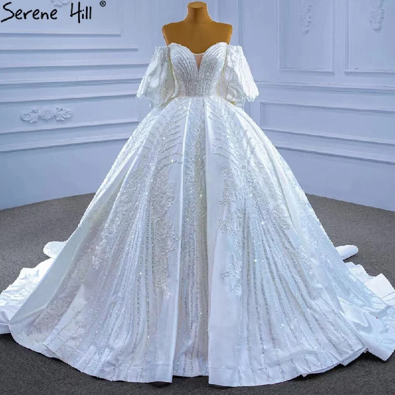 Serene Hill White Satin Luxury Wedding Dresses 2024 Beaded Lantern Sleeve Bride Gowns HM67326 Custom Made