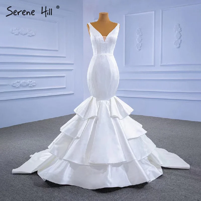 Serene Hill White Satin Mermaid Wedding Dresses 2024 Tiered Elegant Simple Sexy Bride Gowns HM67312 Custom Made