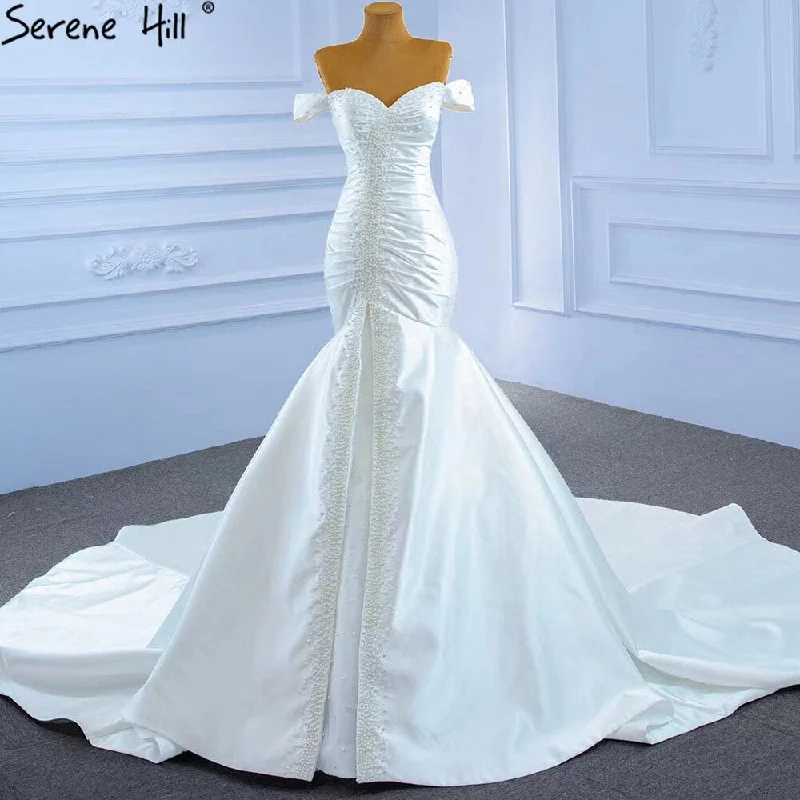 Serene Hill White Satin Mermaid Wedding Dresses Gowns Elegant Pearls Beaded Sexy Bridal Dress 2024 HM67285