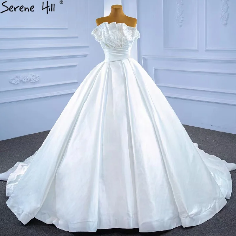 Serene Hill White Satin Sexy Wedding Dresses 2024 High-end Beaded Pearls Bridal Dress HM67267 Cusotm Made