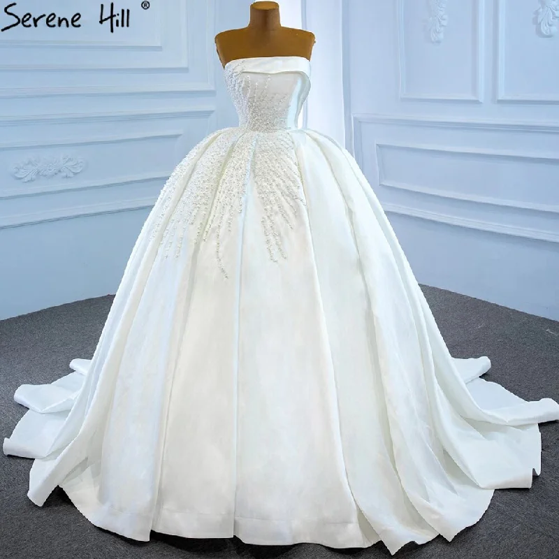 Serene Hill White Satin Strapless Wedding Dresses Gowns Luxury Beading Pearls Sexy Bridal Dress 2024 HM67214 Custom Made