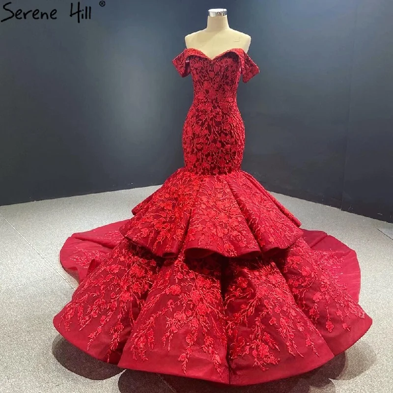 Serene Hill Wine Red Handmade Flowers Mermaid Wedding Dresses 2024 Off Shoulder Elegant Bride Gowns HA2462 Custom Made