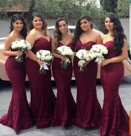 Sexy Mermaid Sweet Heart Dark Red Lace Cheap Long Bridesmaid Dresses, BD100