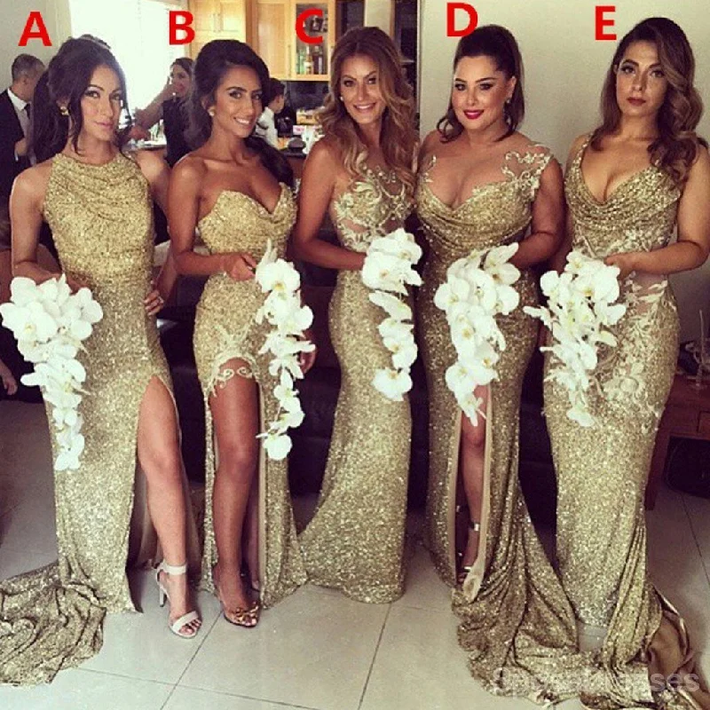 Sexy Unique Mismatched Side Split Sparkly Women Long Bridesmaid Dresses, WG86