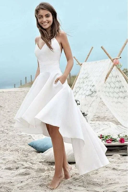 Simple Spaghetti Straps V-neck High Low Short Prom Beach Wedding Dress