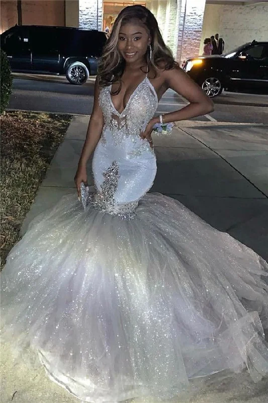 Sparkly V Neck Mermaid Prom Dresses Wedding Dress