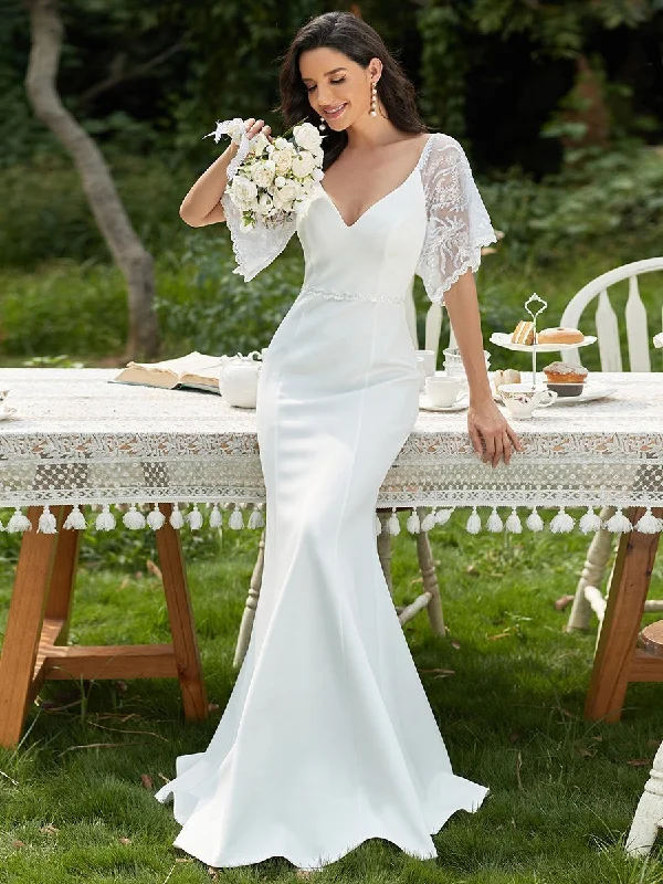 Suzanne lace sleeve v neck wedding ball dress in Ivory