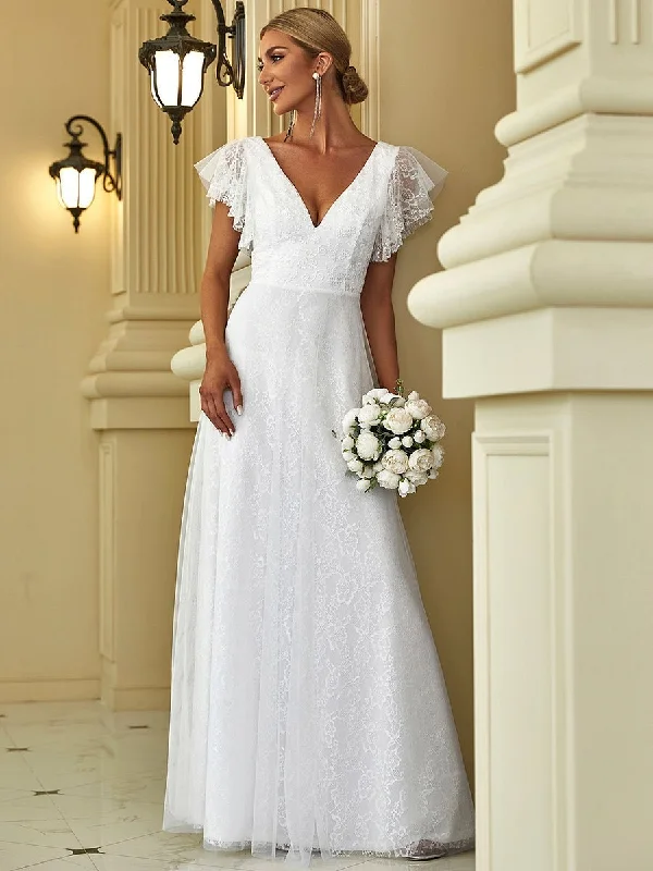 Tiana lace tulle wedding dress with flutter sleeves in Ivory