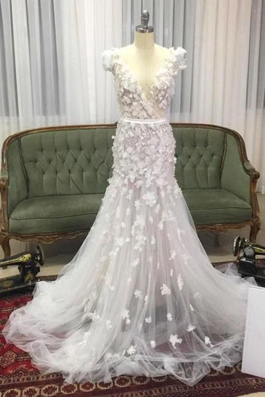 Unique Mermaid V-neck Wedding Dress with Hand-made Flowers Tulle Prom dress